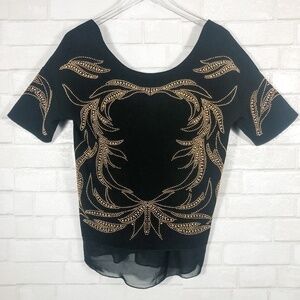 Zara W &‎ B Black Gold Studded Short Sleeve Top